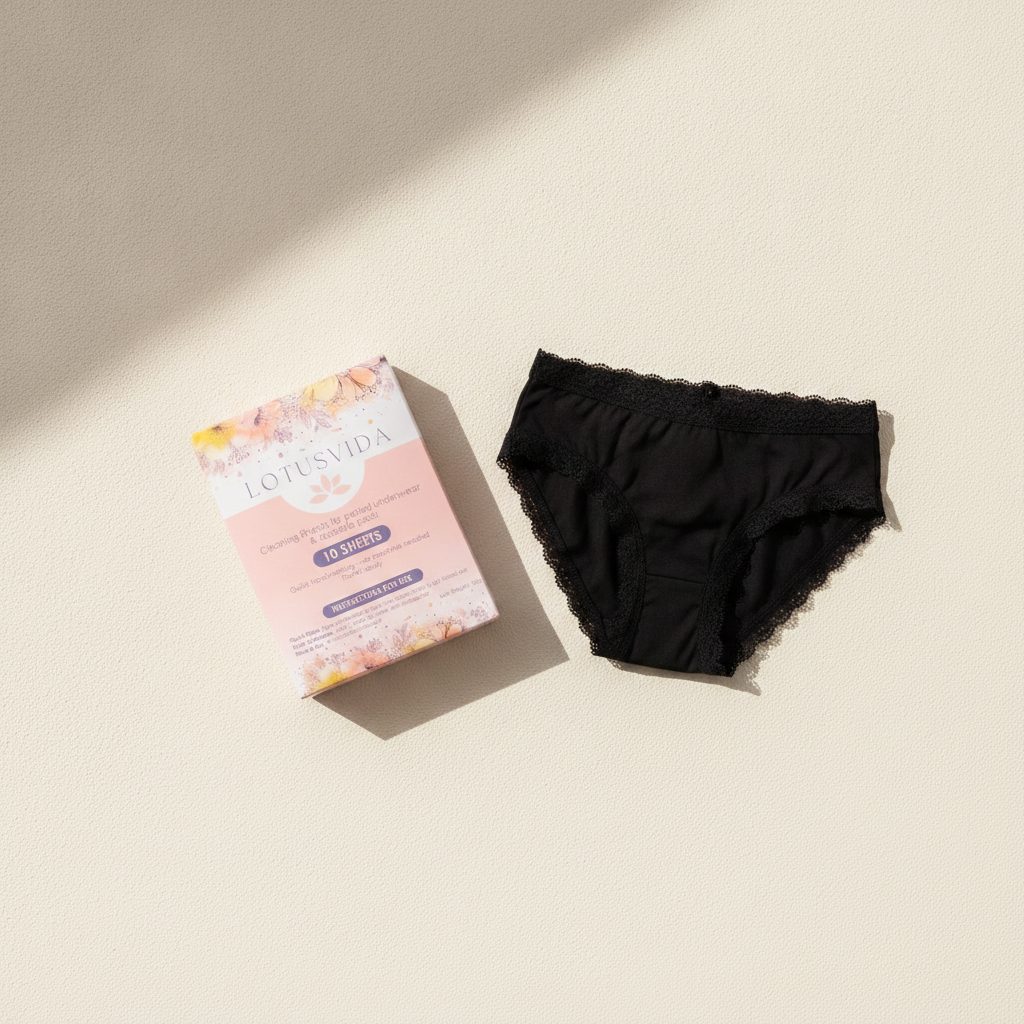 LotusVida period underwear and the detergent, in black.