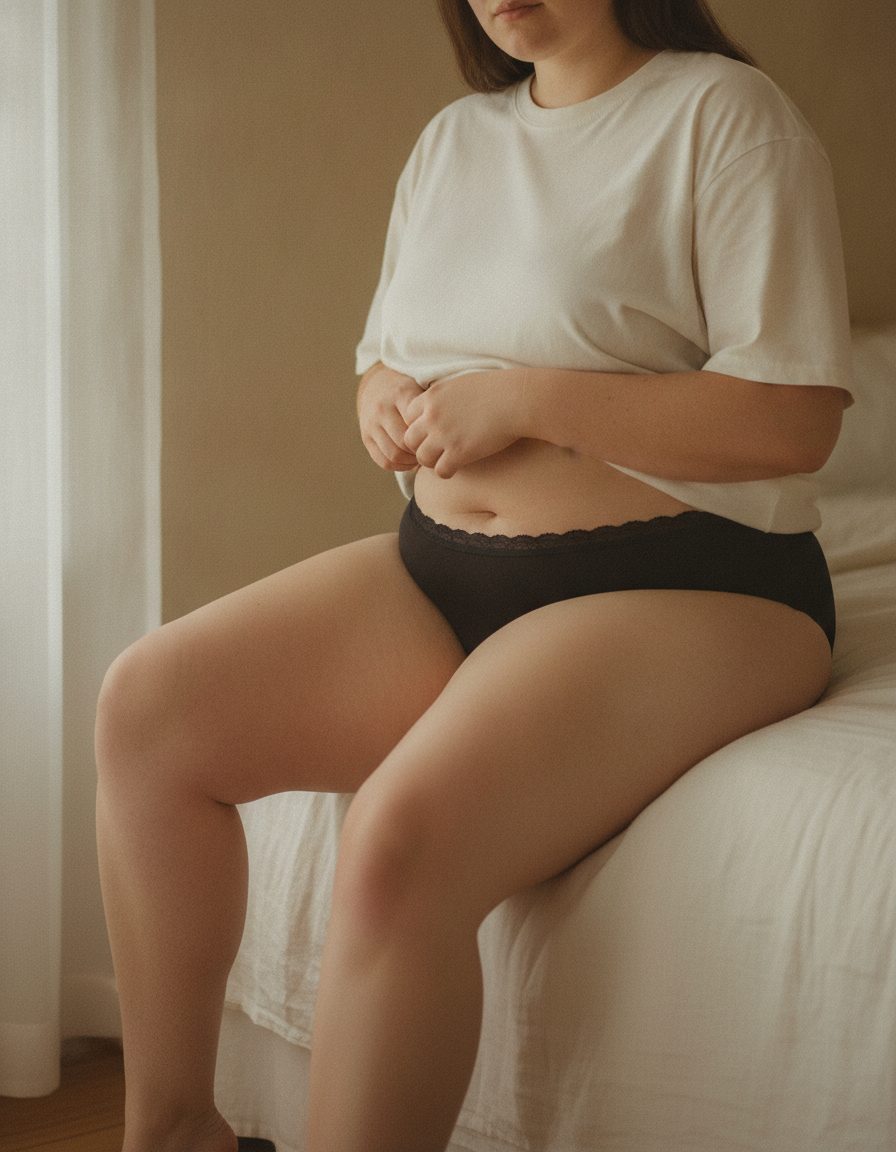 The Bikini in black, worn, plus-size body, seated