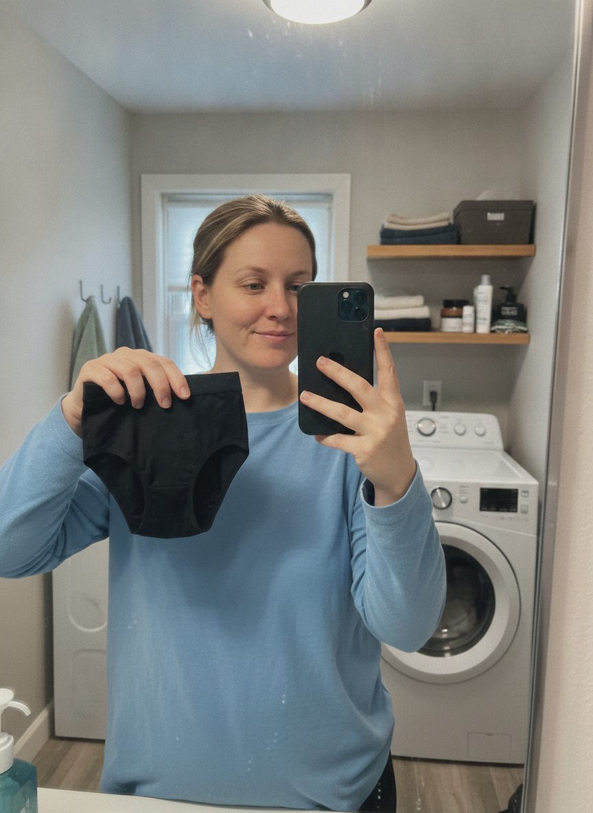 A woman holding up the black pair in her laundry room