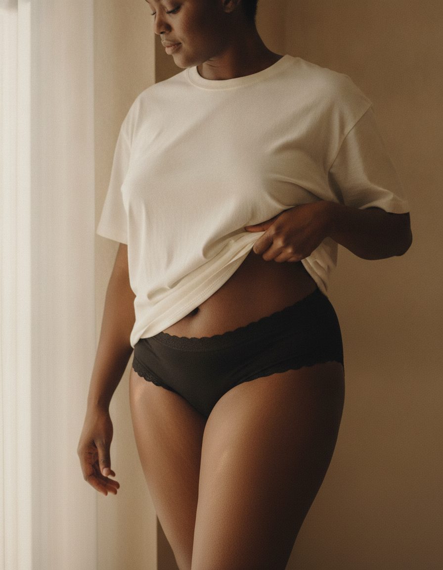 The Bikini in black. Bamboo soft, lace trim, a 4-layer gusset.