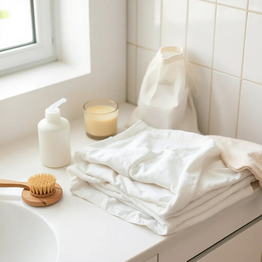 Folded period underwear on a clean counter with gentle detergent and a mesh wash bag nearby