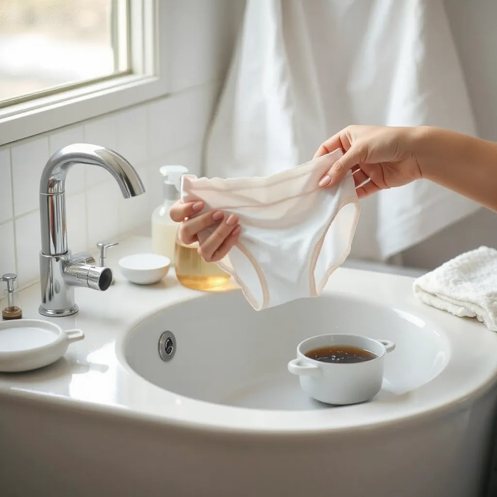 Clean period underwear being gently rinsed with detergent and towel nearby