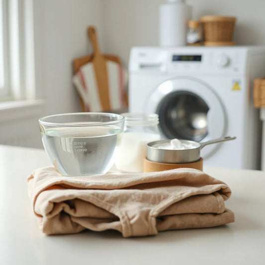 Mild detergent scoop and folded period underwear on a clean countertop with soft natural light
