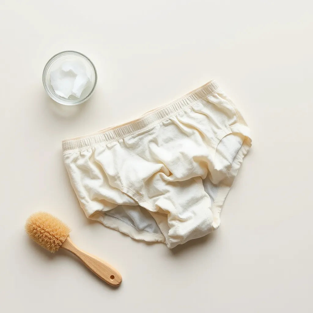 Folded clean period underwear with a small bowl of liquid detergent and a soft brush on a neutral background
