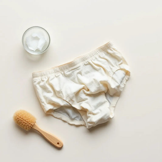 Folded clean period underwear with a small bowl of liquid detergent and a soft brush on a neutral background