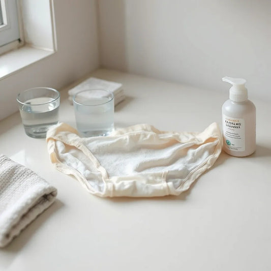 Clean period underwear with visible absorbent panel texture on a light counter