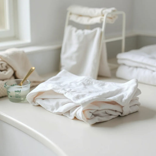 Folded period underwear with visible absorbent fabric texture on a clean counter beside mild detergent and a drying rack