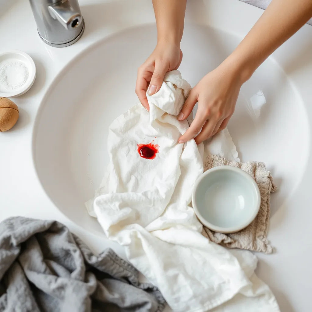 Hands blotting a blood stain on white fabric with a cloth and cold water for safe removal