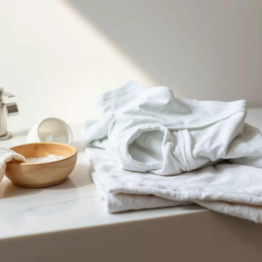 Folded period underwear with gentle detergent and a microfiber cloth on a clean counter