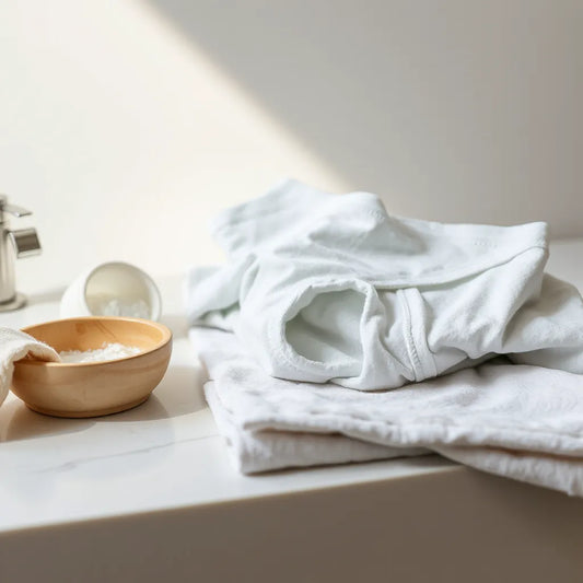 Folded period underwear with gentle detergent and a microfiber cloth on a clean counter