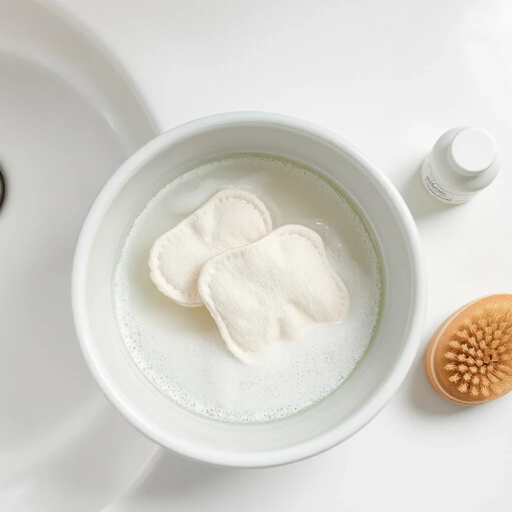 Reusable cloth pads soaking in clean water with gentle suds and a mild detergent nearby