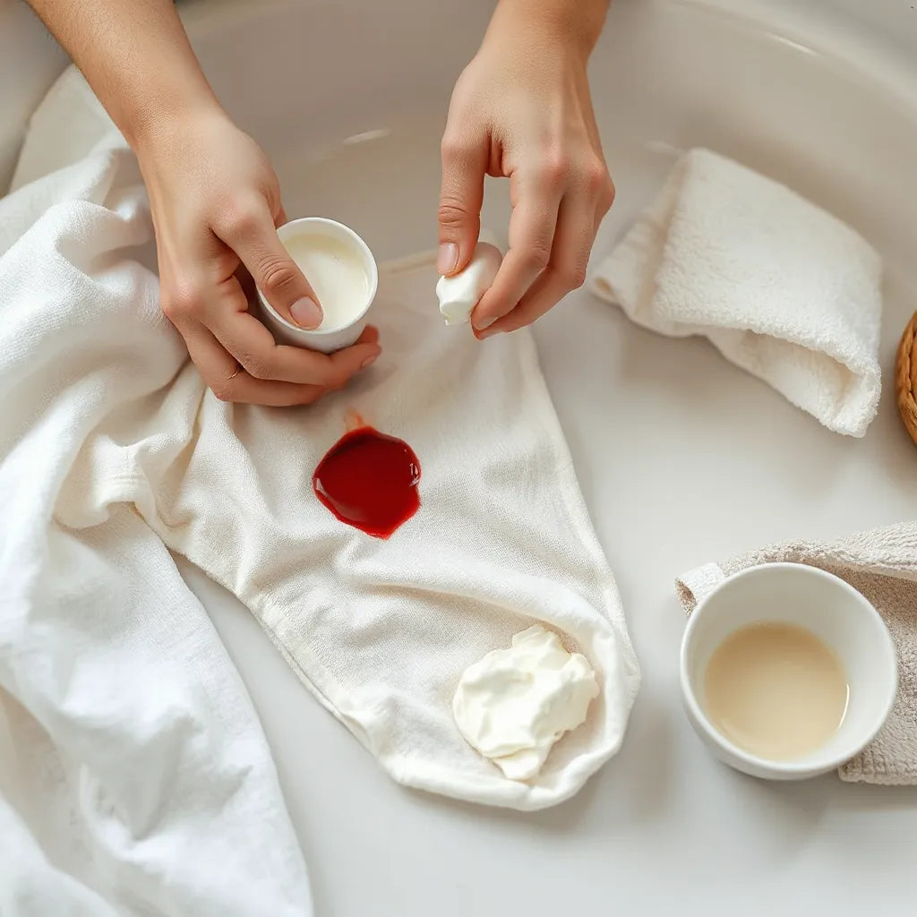 Hands applying cold water and gentle stain remover to a small blood stain on white fabric