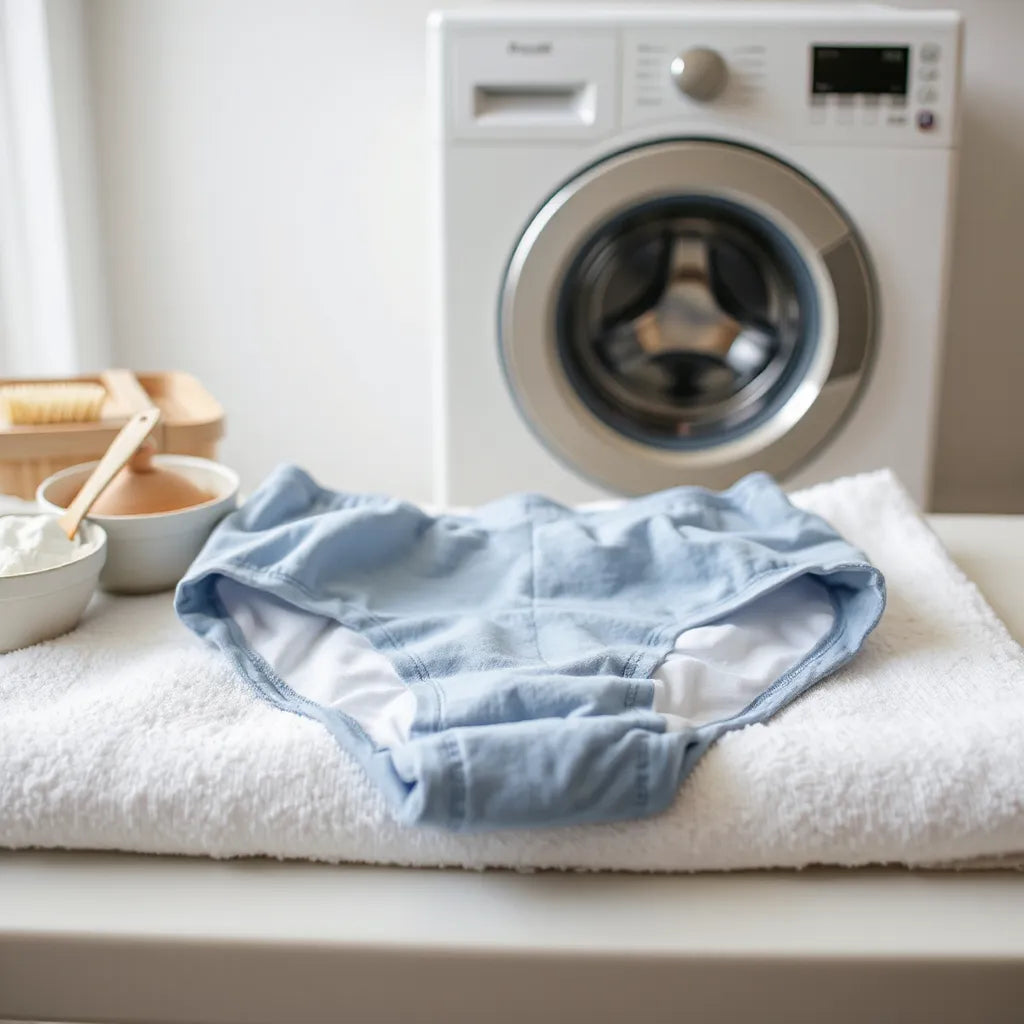 Clean period underwear on a towel with gentle detergent and a soft brush for proper washing