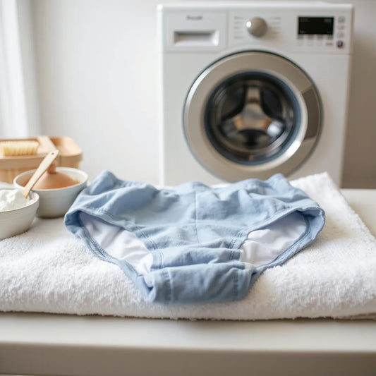 Clean period underwear on a towel with gentle detergent and a soft brush for proper washing