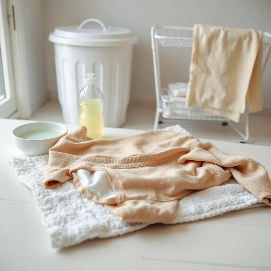 Clean period underwear on a white towel with washing supplies nearby in bright natural light.