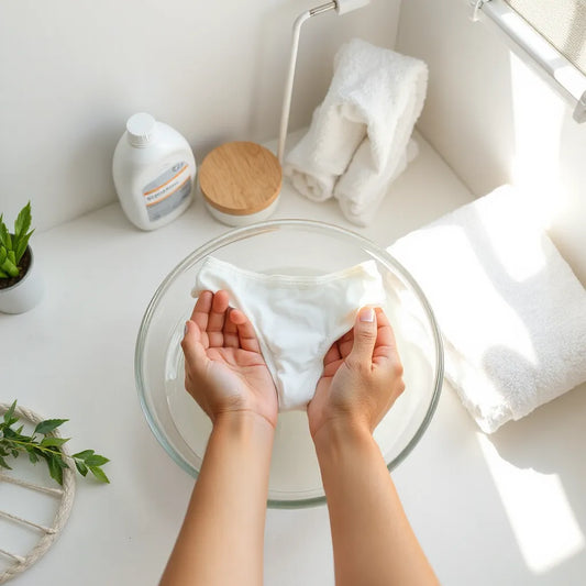 Hands rinsing period underwear in a basin with a towel and drying rack nearby