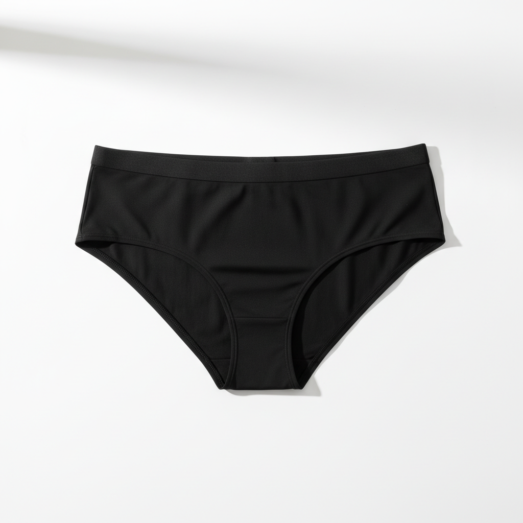 Black period underwear bikini style flat lay on white background