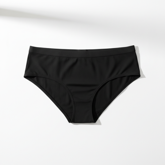 Black period underwear bikini style flat lay on white background