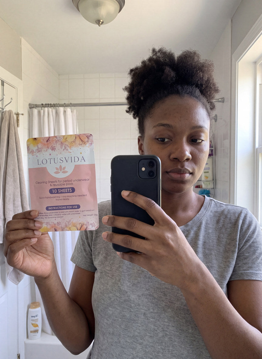 A woman holding the pack of wash at her bathroom mirror