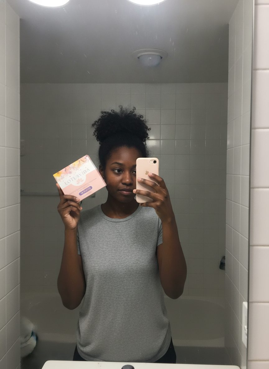 A woman holding the pack of wash at her bathroom mirror