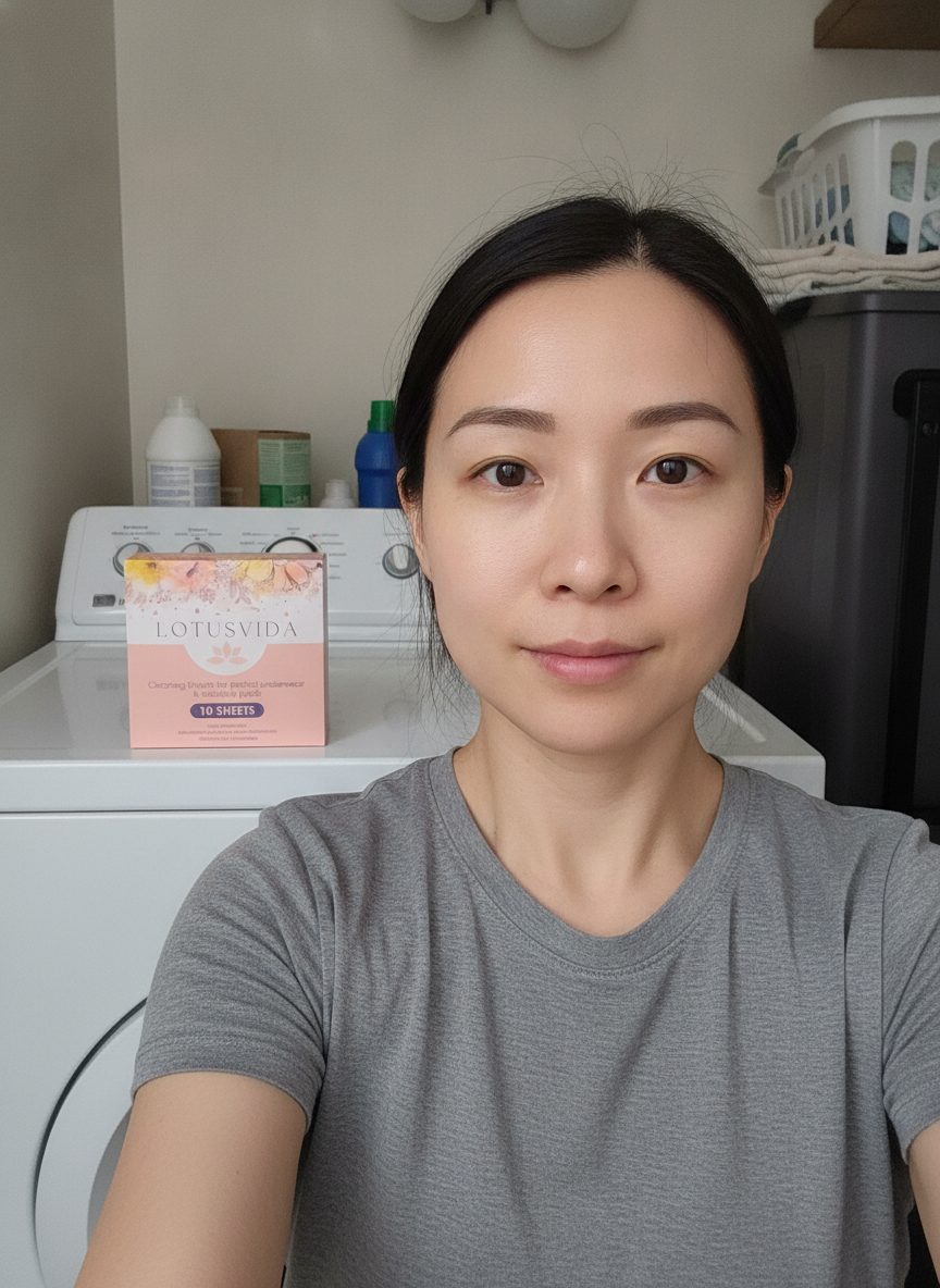 A woman in her laundry room with the package behind her