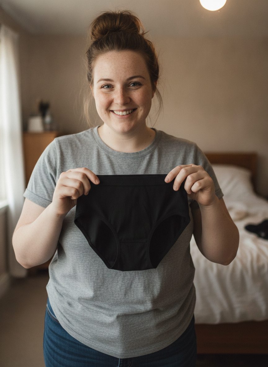 A woman holding up the black pair