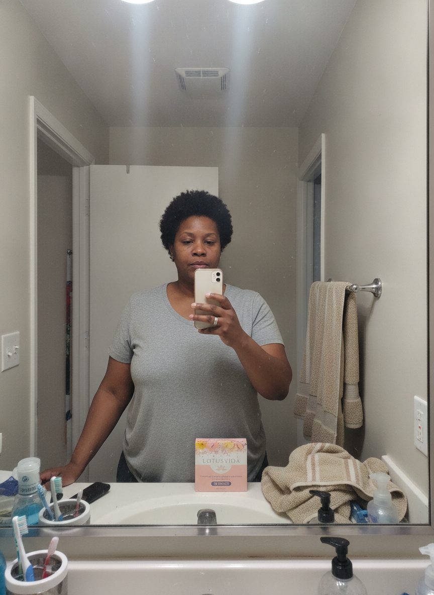 A woman in her bathroom with the package behind her